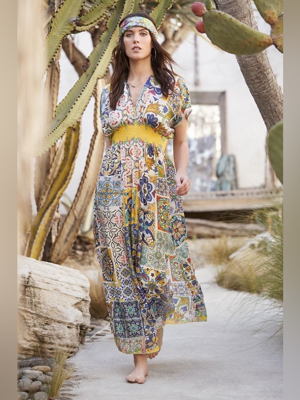 Johnny Was L 100% Silk Smocked Bohemian Tile-Print Maxi Dress